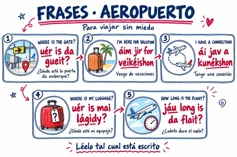 Mapa visual de Frases en el aeropuerto: el inglés, cómo se dice y su significado