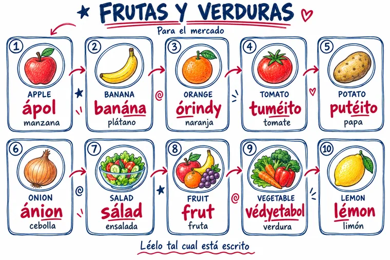 Mapa visual de Frutas y verduras: el inglés, cómo se dice y su significado