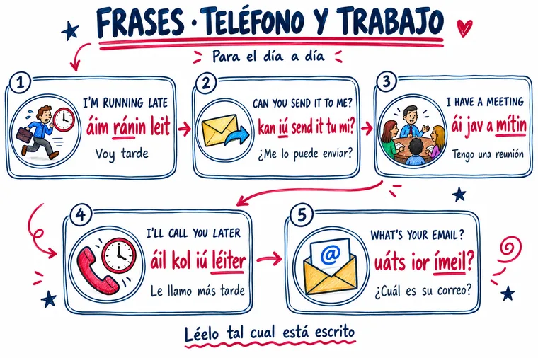 Mapa visual de Frases por teléfono y trabajo: el inglés, cómo se dice y su significado