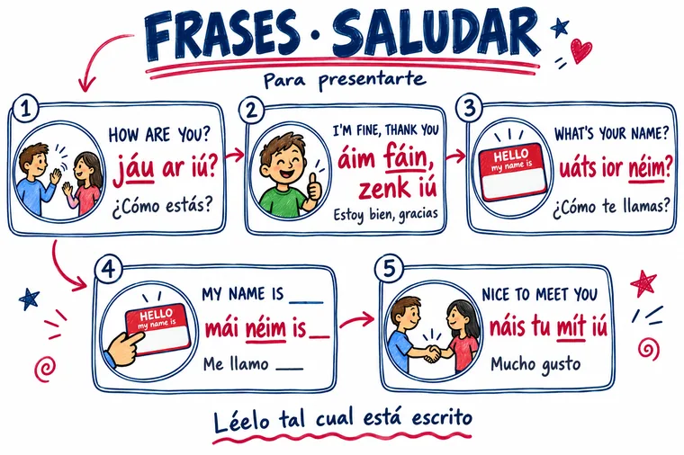Mapa visual de Frases para saludar: el inglés, cómo se dice y su significado