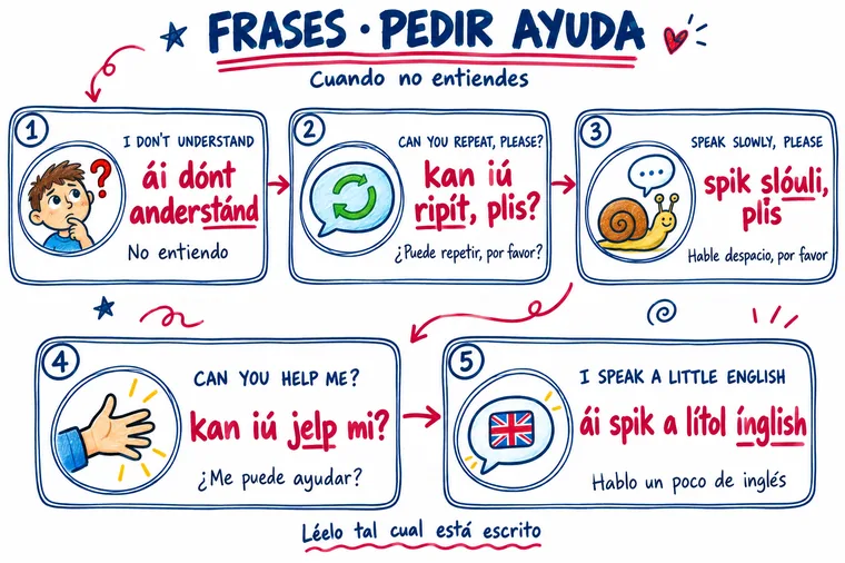 Mapa visual de Frases para pedir ayuda: el inglés, cómo se dice y su significado